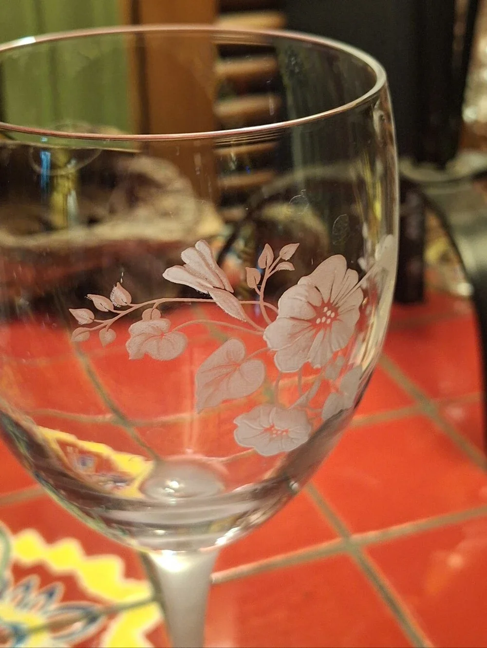 Hummingbird Etched Crystal W Frost Glass Stem Goblet Drink Glass 8.25